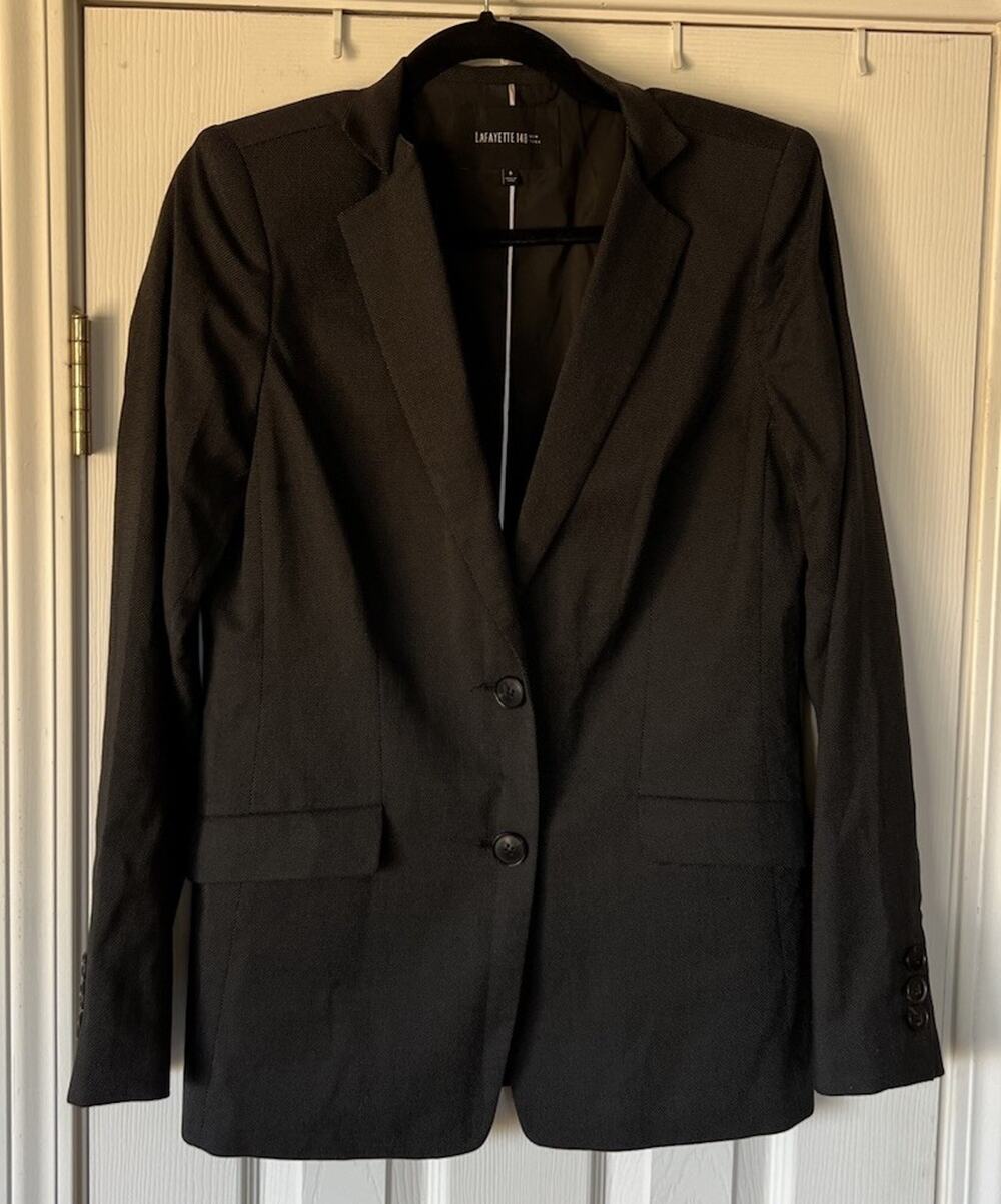 Lafayette 148 Size 8 Wool Blend 2 Button Micro Dot Blazer Jacket Black Medium